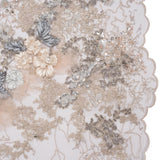 Embroidered and Beaded Tulle with 3D Ribbon Flowers and Finished Edge - Taupe, Beige and Gray Fancy Flower