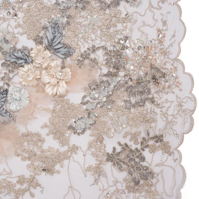 Embroidered and Beaded Tulle with 3D Ribbon Flowers and Finished Edge - Taupe, Beige and Gray Fancy Flower