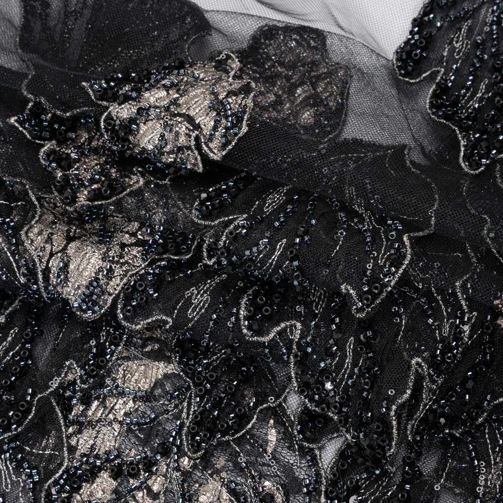 Embroidered and Beaded 3D Applique Tulle - Black, Silver and Navy Blue Luminous Leaves