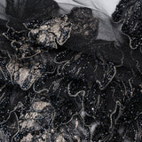 Embroidered and Beaded 3D Applique Tulle - Black, Silver and Navy Blue Luminous Leaves