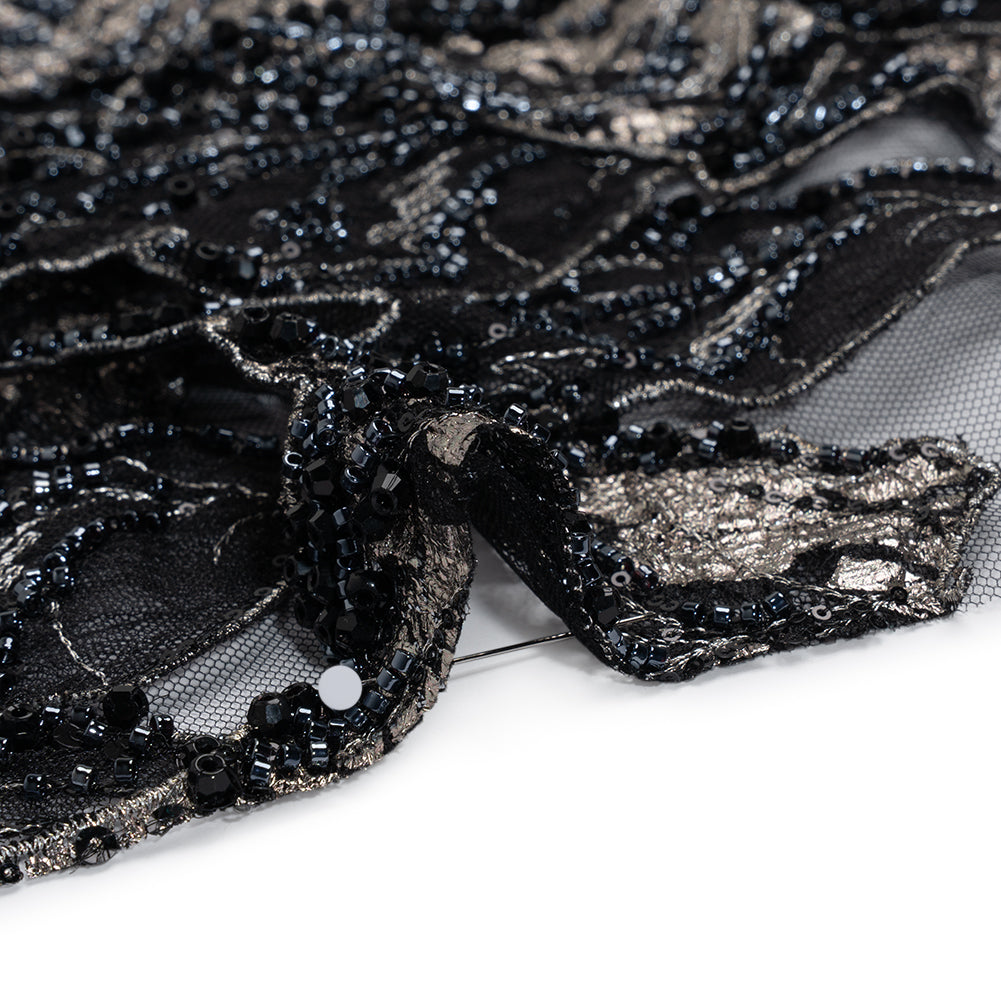 Embroidered and Beaded 3D Applique Tulle - Black, Silver and Navy Blue Luminous Leaves