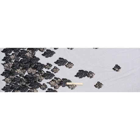 Embroidered and Beaded 3D Applique Tulle - Black, Silver and Navy Blue Luminous Leaves