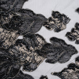 Embroidered and Beaded 3D Applique Tulle - Black, Silver and Navy Blue Luminous Leaves