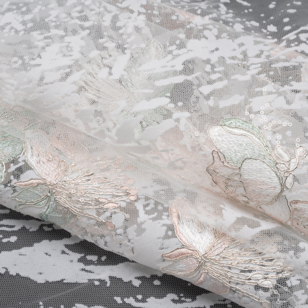 Embroidered Abstract Flocked Tulle with Baby Sequins - Off White, Pale Pink and Mint Floral
