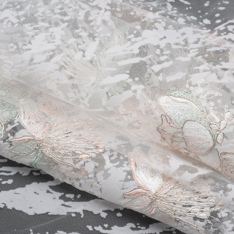 Embroidered Abstract Flocked Tulle with Baby Sequins - Off White, Pale Pink and Mint Floral