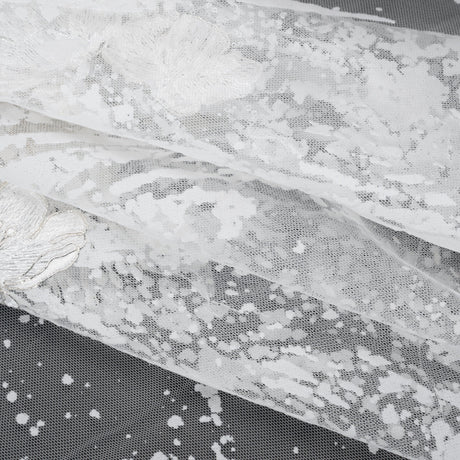 Embroidered Abstract Flocked Tulle with Baby Sequins - Off White Floral