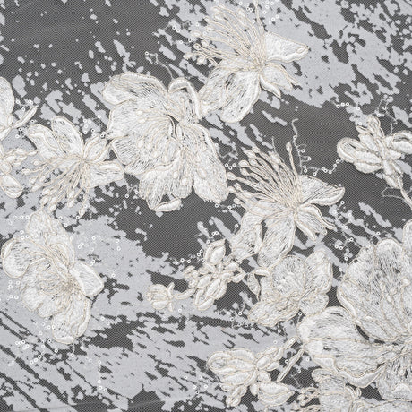 Embroidered Abstract Flocked Tulle with Baby Sequins - Off White Floral