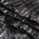 Foiled Plisse Lace with Beaded and Embroidered 3D Fabric Flowers and Leaves - Black and Silver Floral