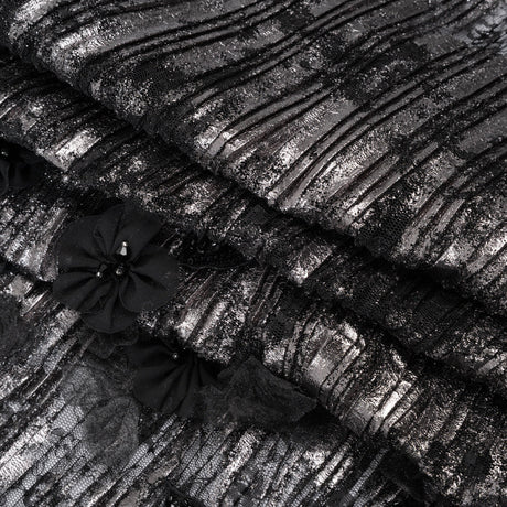 Foiled Plisse Lace with Beaded and Embroidered 3D Fabric Flowers and Leaves - Black and Silver Floral