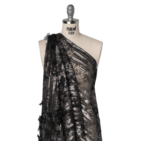 Foiled Plisse Lace with Beaded and Embroidered 3D Fabric Flowers and Leaves - Black and Silver Floral