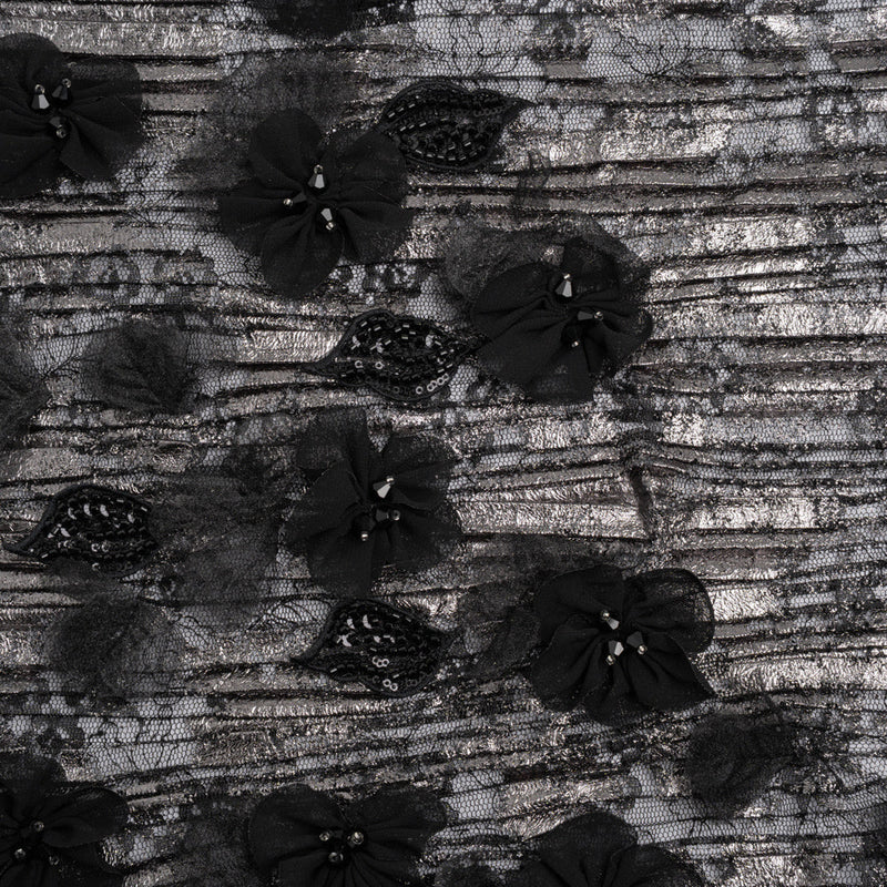 Foiled Plisse Lace with Beaded and Embroidered 3D Fabric Flowers and Leaves - Black and Silver Floral