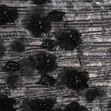 Foiled Plisse Lace with Beaded and Embroidered 3D Fabric Flowers and Leaves - Black and Silver Floral