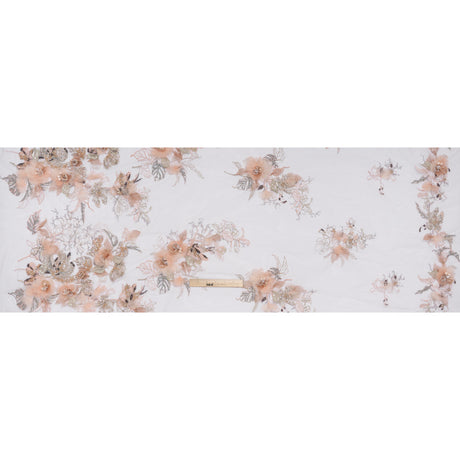 Embroidered and Beaded Tulle with 3D Fabric Flowers - Pale Pink, Peach and Gray Bold Blossoms