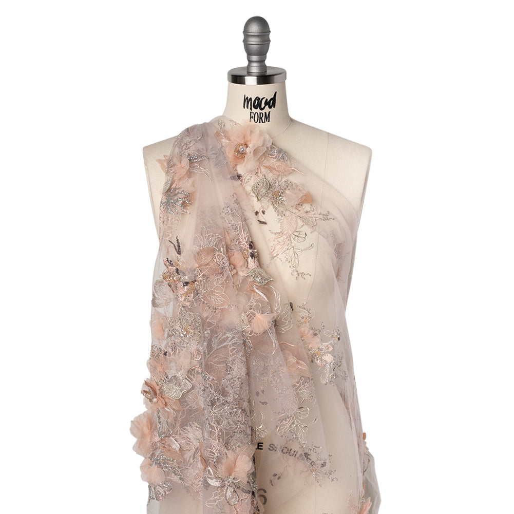Embroidered and Beaded Tulle with 3D Fabric Flowers - Pale Pink, Peach and Gray Bold Blossoms