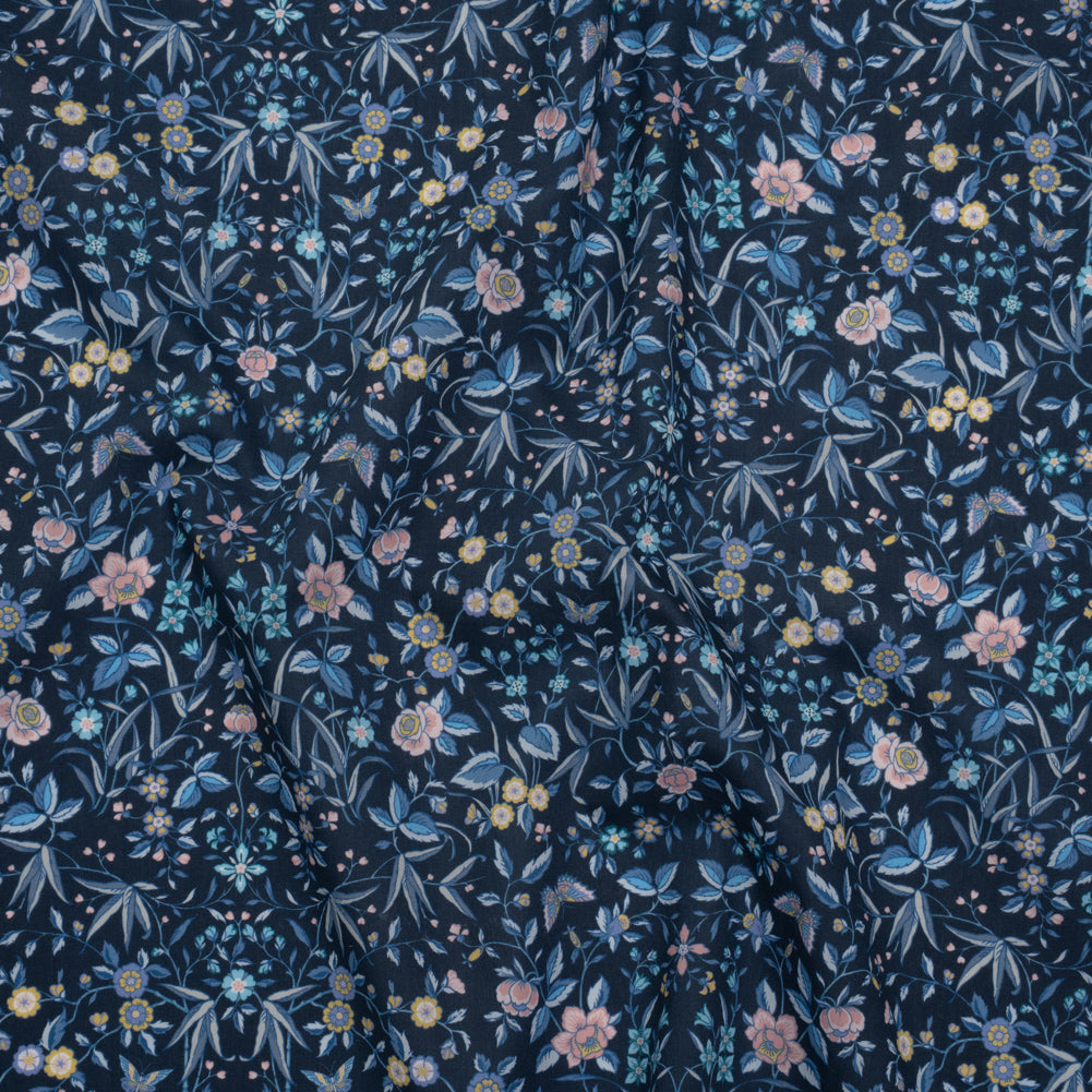 Liberty Fabrics Tana Lawn® - Tapestry Dark Blue - Navy, Sky Blue and Light Yellow Floral and Butterflies