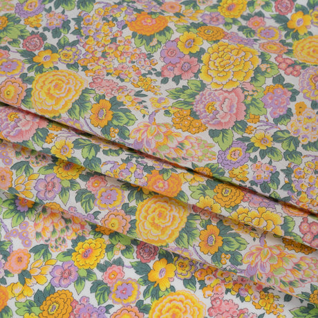 Liberty Fabrics Tana Lawn® - Elysian Day Yellow - Golden Yellow, Light Purple and Green Rosy Blooms
