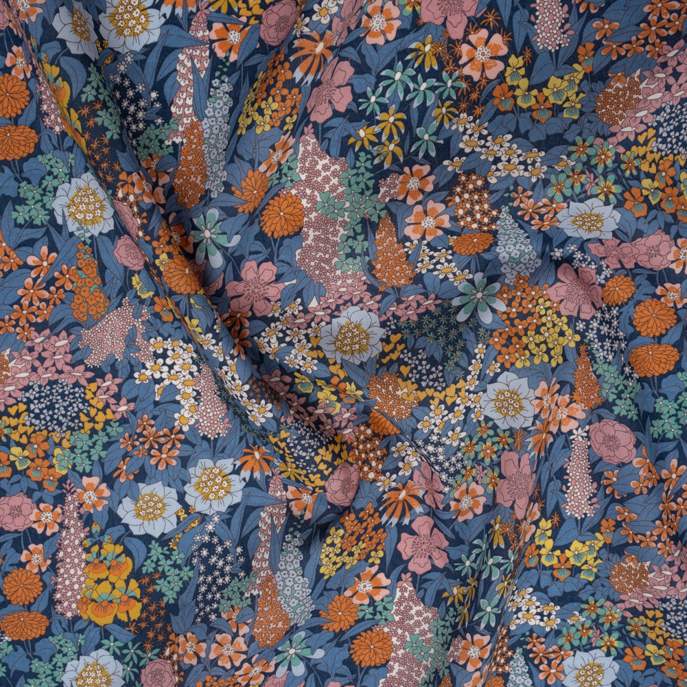 Liberty Fabrics Tana Lawn® - Ciara Dark Blue - Muted Blue, Dark Orange and Rose Pink Flower Garden