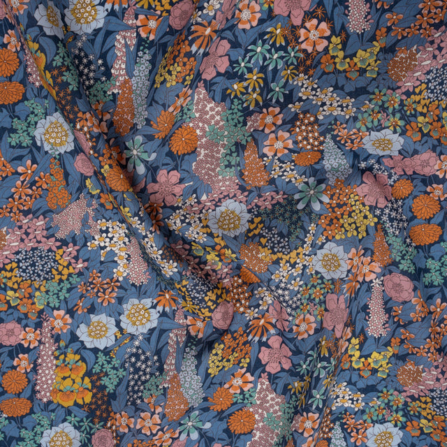 Liberty Fabrics Tana Lawn® - Ciara Dark Blue - Muted Blue, Dark Orange and Rose Pink Flower Garden