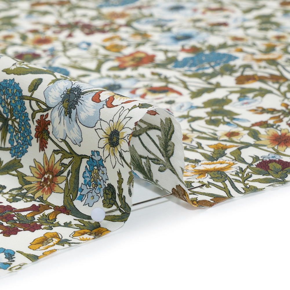 Liberty Fabrics Tana Lawn® - Rachel Multi Neutral - Sky Blue, Olive Green and Brick Red Flowers and Foliage