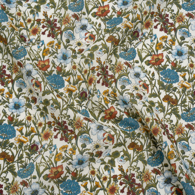 Liberty Fabrics Tana Lawn® - Rachel Multi Neutral - Sky Blue, Olive Green and Brick Red Flowers and Foliage