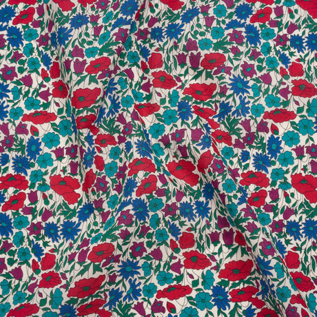 Liberty Fabrics Tana Lawn® - Poppy & Daisy Blue Turquoise - Red, Fuchsia and Bright Blue Fine Lined Illustrated Florals