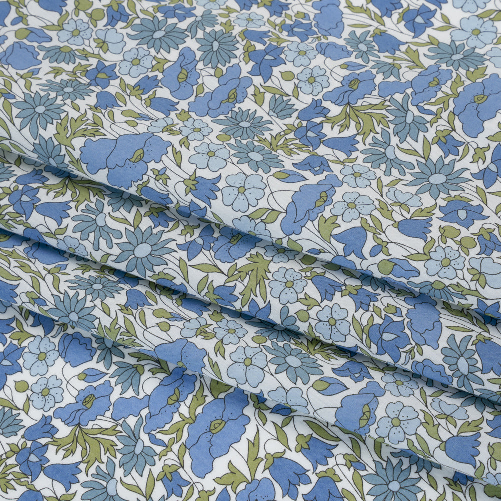 Liberty Fabrics Tana Lawn® - Poppy & Daisy Blue - Sky Blue, Country Blue and Sage Green Fine Lined Illustrated Florals