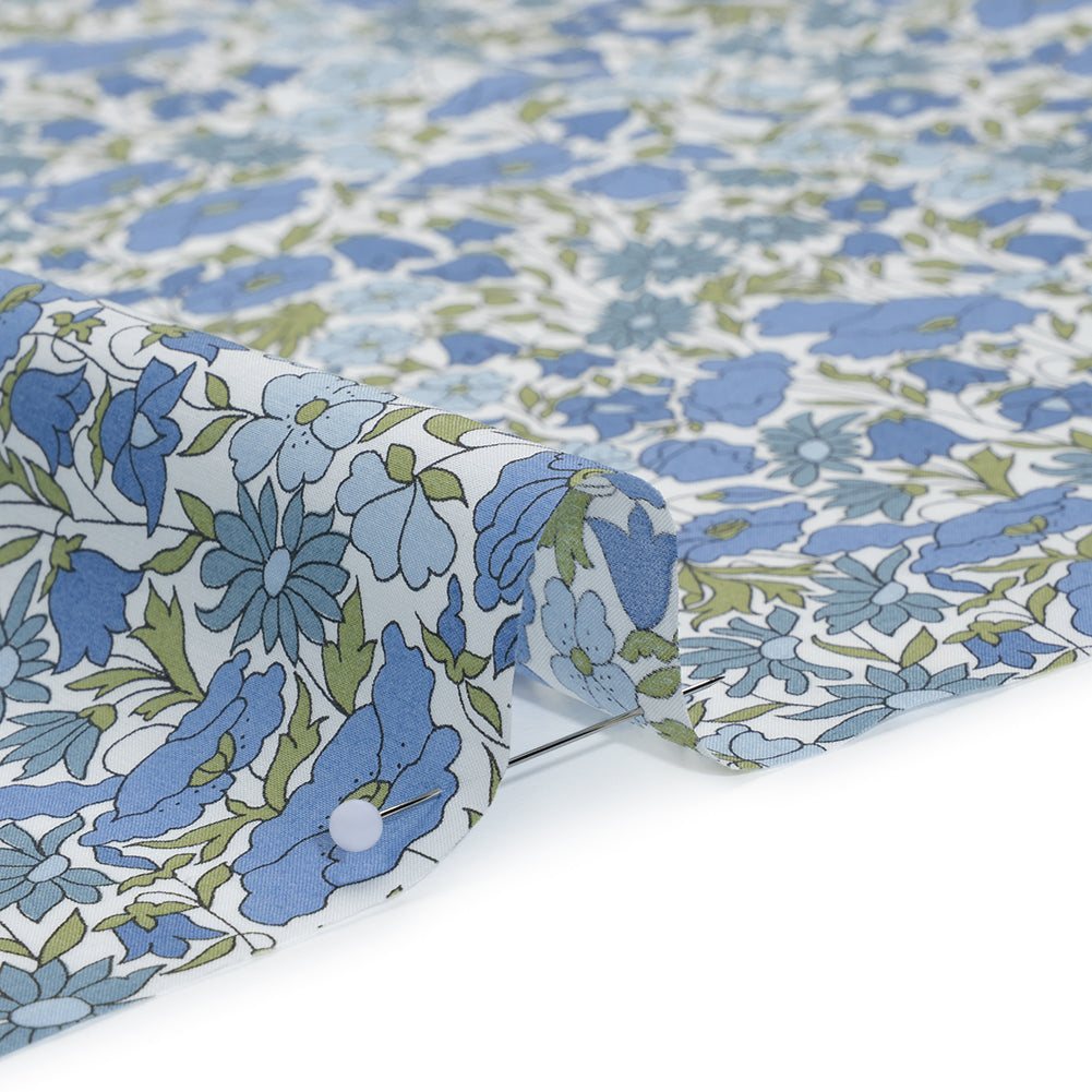 Liberty Fabrics Tana Lawn® - Poppy & Daisy Blue - Sky Blue, Country Blue and Sage Green Fine Lined Illustrated Florals