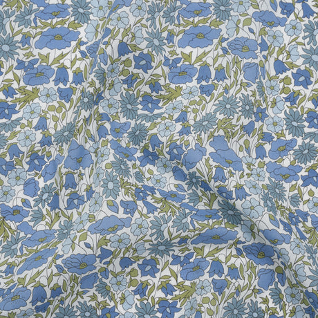 Liberty Fabrics Tana Lawn® - Poppy & Daisy Blue - Sky Blue, Country Blue and Sage Green Fine Lined Illustrated Florals