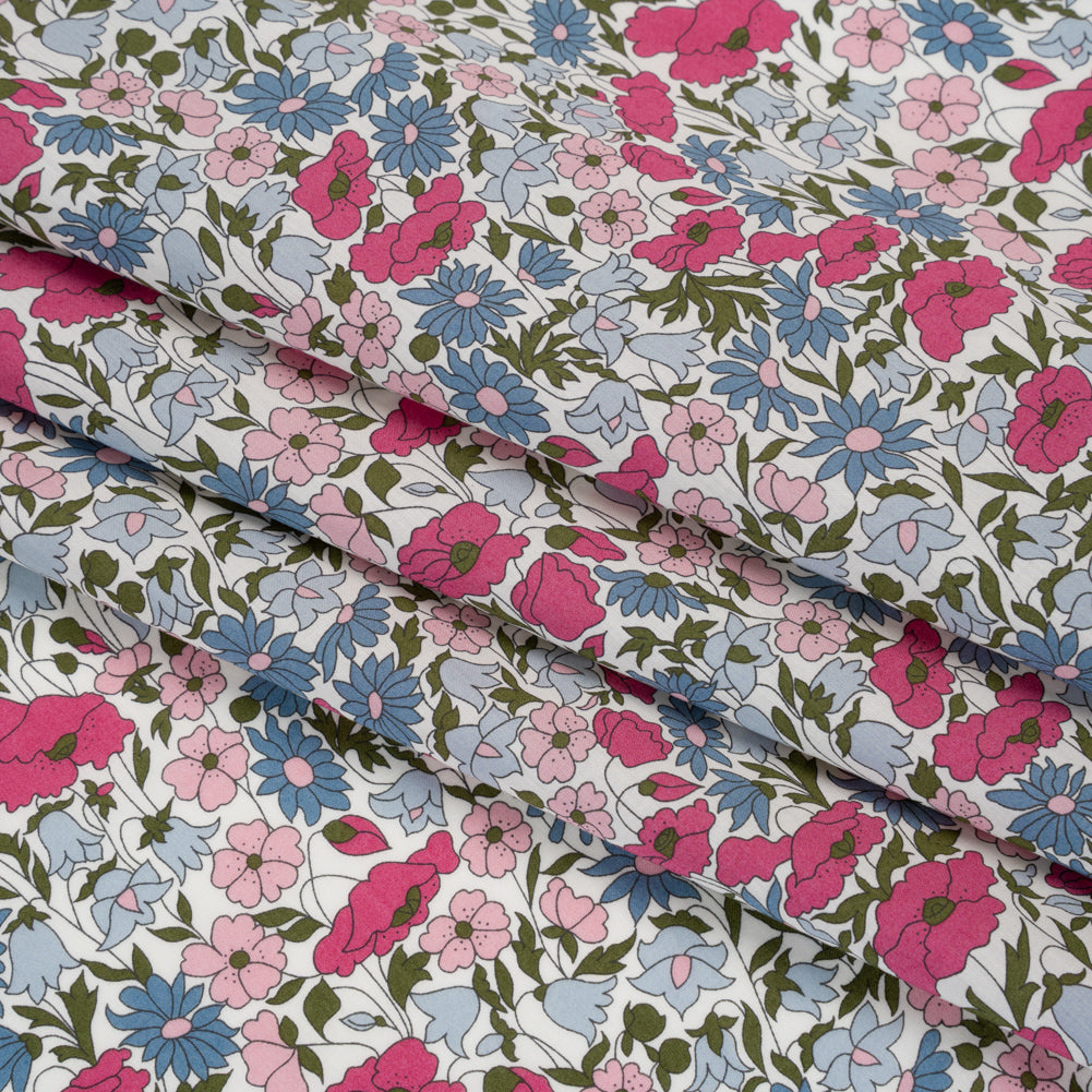 Liberty Fabrics Tana Lawn® - Poppy & Daisy Pink - Baby Pink, Light Blue and Olive Green Fine Lined Illustrated Florals