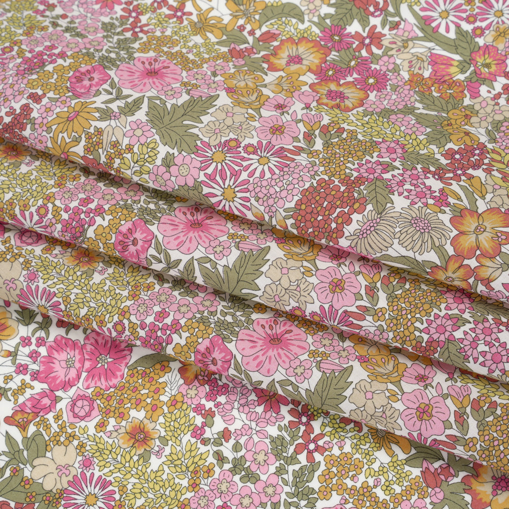 Liberty Fabrics Tana Lawn® - Margaret Annie Light Pink - Baby Pink, Light Orange and Sage Green Hand Drawn Florals