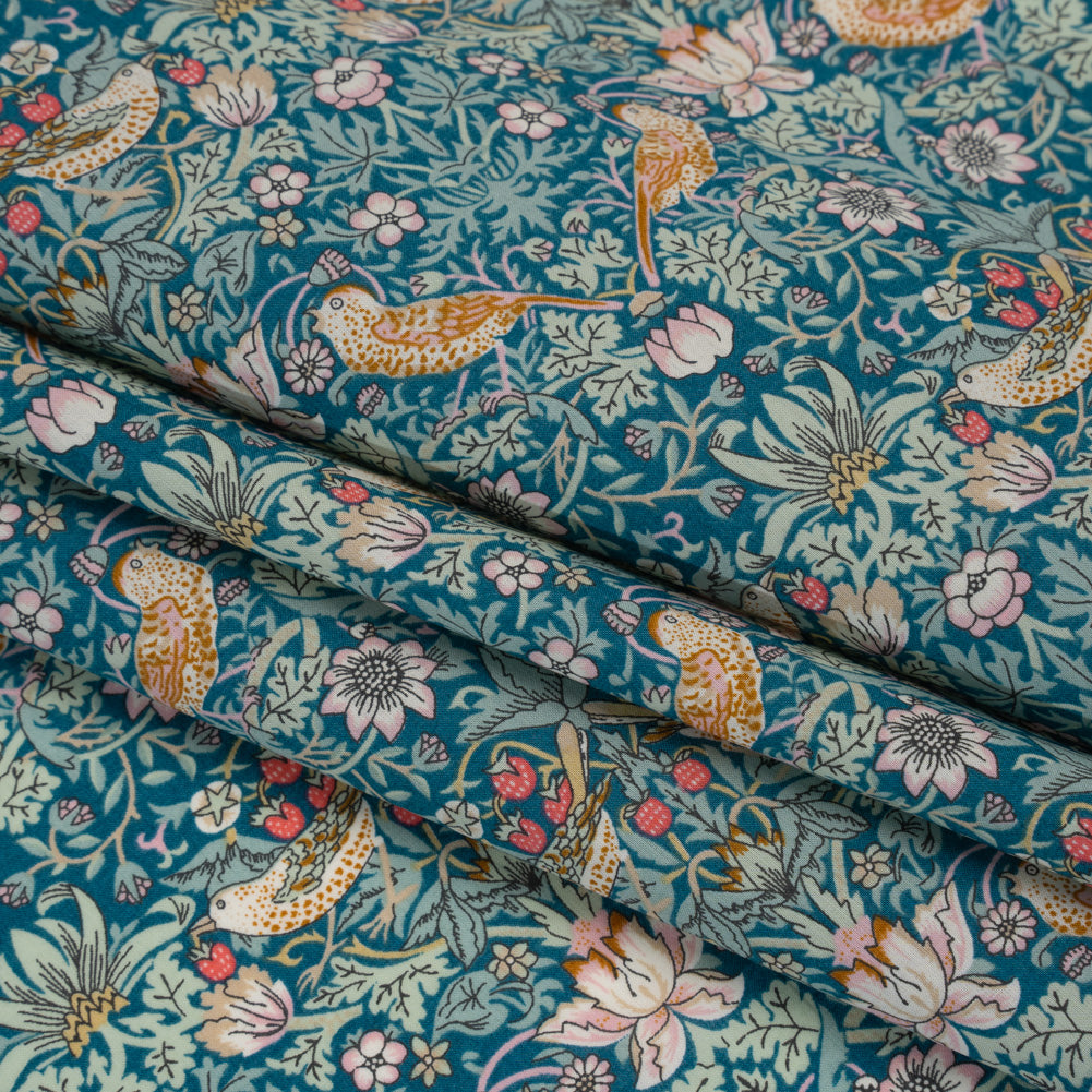 Liberty Fabrics Tana Lawn® - Strawberry Thief Turquoise Blue - Teal, Mint Green and Rust Orange Birds, Berries and Flowers