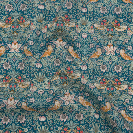 Liberty Fabrics Tana Lawn® - Strawberry Thief Turquoise Blue - Teal, Mint Green and Rust Orange Birds, Berries and Flowers