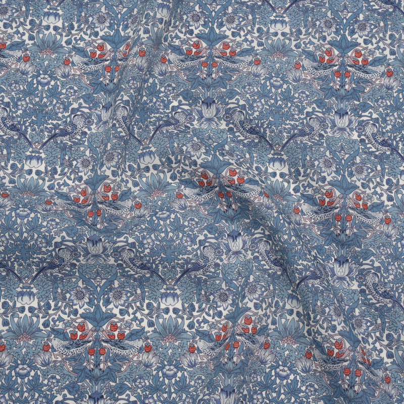 Liberty Fabrics Tana Lawn® - Strawberry Thief Spring Blue - Muted Blue Green, Navy and Red Birds, Berries and Flowers