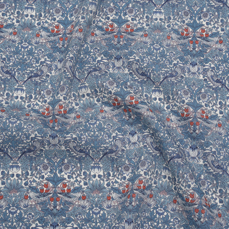 Liberty Fabrics Tana Lawn® - Strawberry Thief Spring Blue - Muted Blue Green, Navy and Red Birds, Berries and Flowers