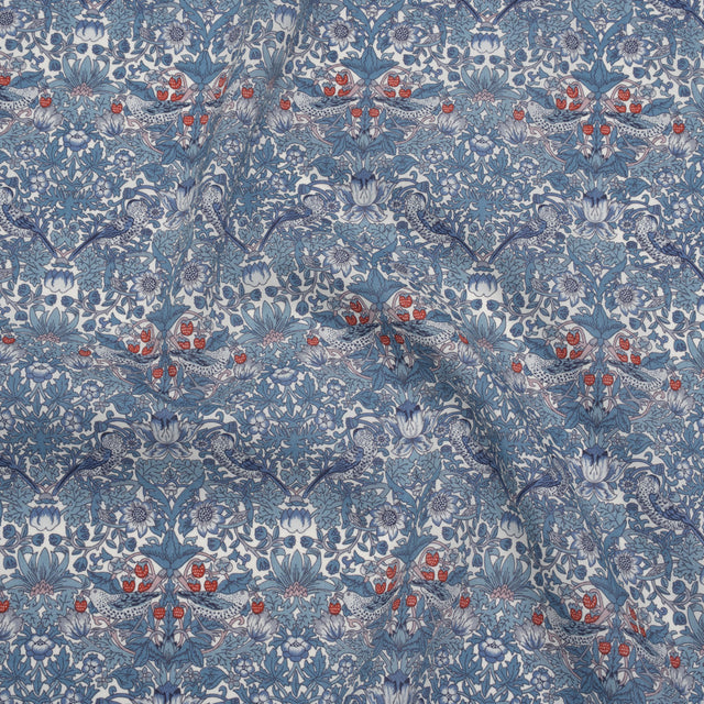 Liberty Fabrics Tana Lawn® - Strawberry Thief Spring Blue - Muted Blue Green, Navy and Red Birds, Berries and Flowers