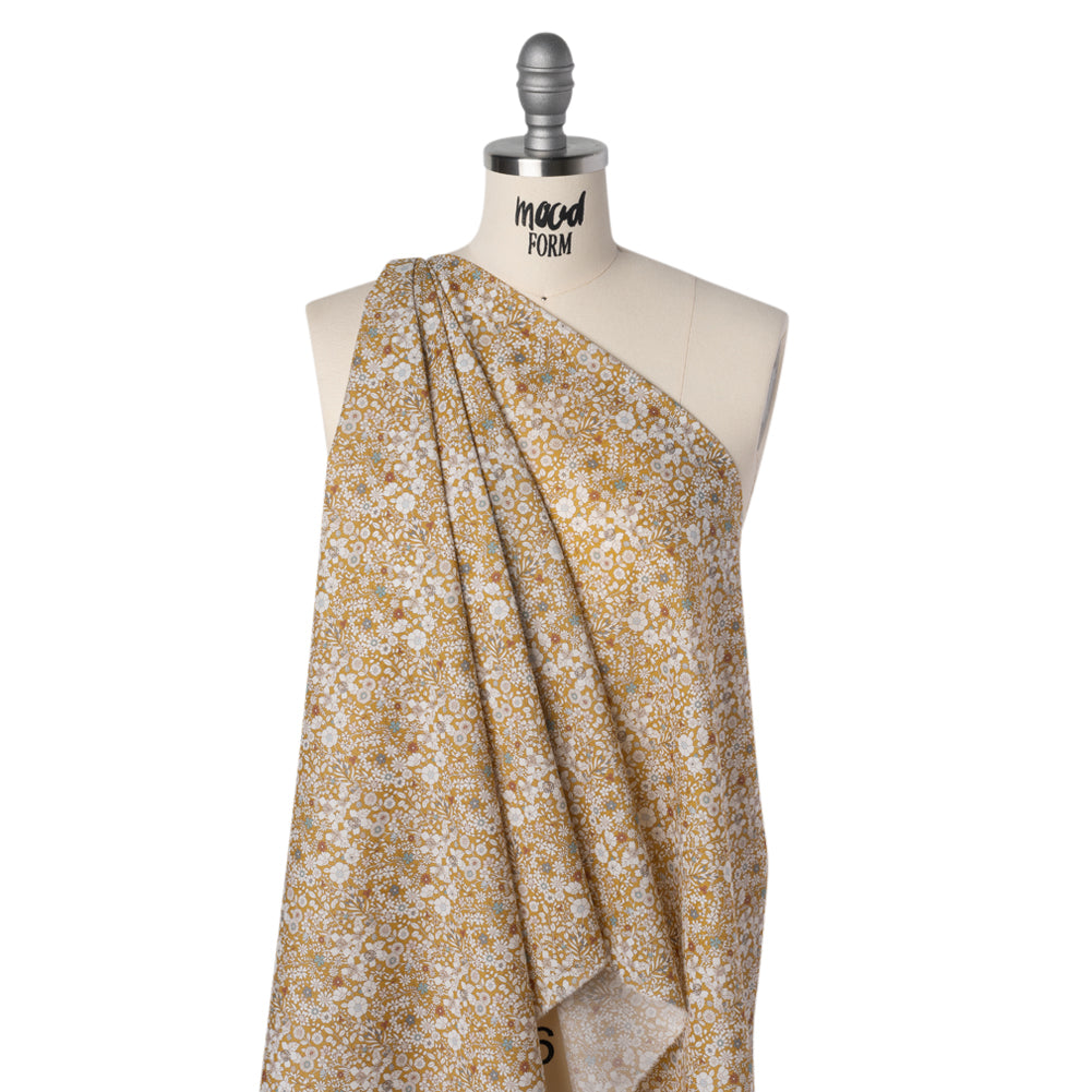 Liberty Fabrics Tana Lawn® - June's Meadow Yellow - Ochre, White and Light Blue Illustrated Flowers