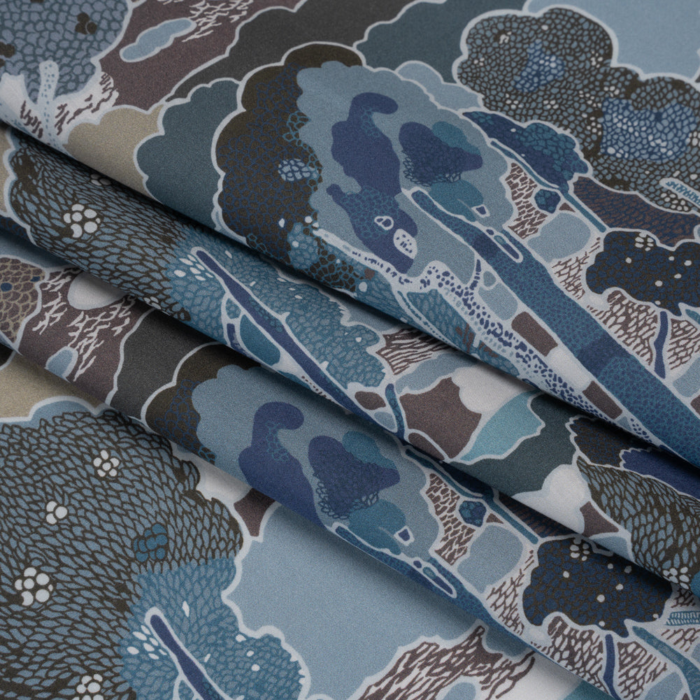 Liberty Fabrics Tana Lawn® - Prospect Road Dark Blue - Navy, Storm Blue and Brown Tree Filled Landscape