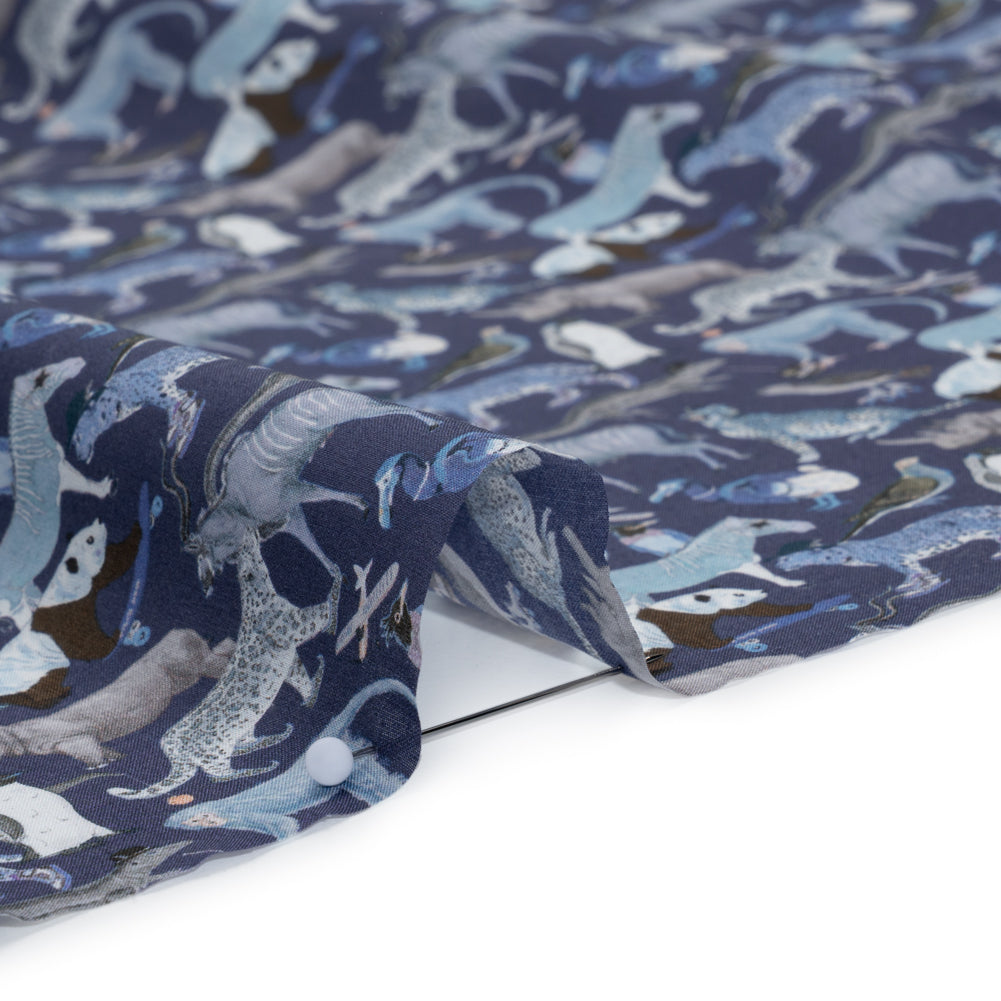 Liberty Fabrics Tana Lawn® - Quey 2 Dark Blue - Blue, Gray and White Animals with Clothes