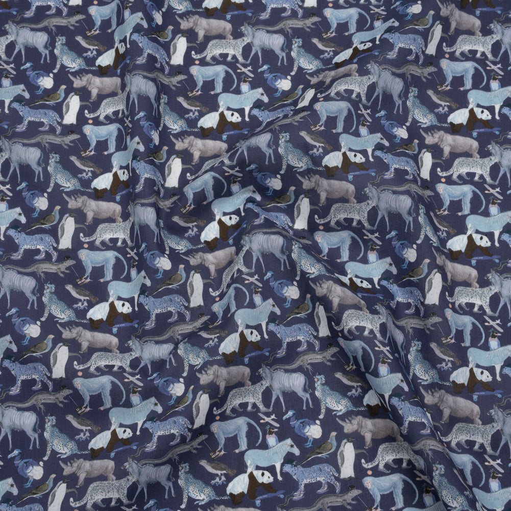 Liberty Fabrics Tana Lawn® - Quey 2 Dark Blue - Blue, Gray and White Animals with Clothes