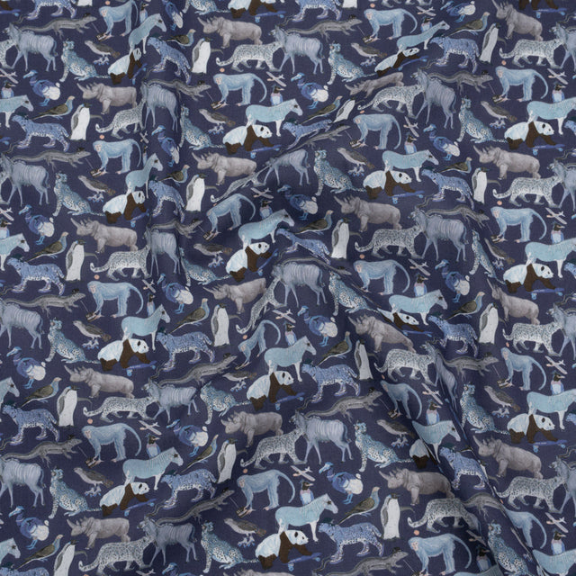 Liberty Fabrics Tana Lawn® - Quey 2 Dark Blue - Blue, Gray and White Animals with Clothes