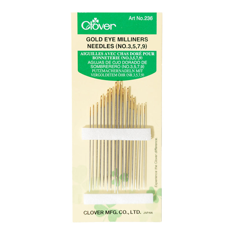 Clover Gold Eye Milliners Needles - Sizes 3, 5, 7, 9 - 16 ct