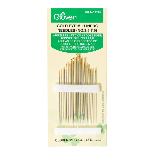 Clover Gold Eye Milliners Needles - Sizes 3, 5, 7, 9 - 16 ct