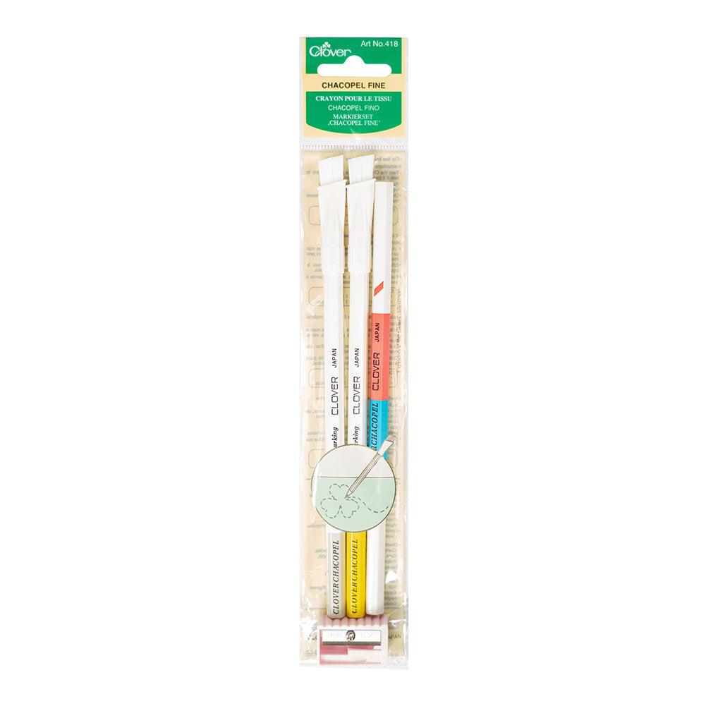 Clover Chacopel Fabric Pencils - Fine - Pink and Blue, White, Yellow and Sharpener Set