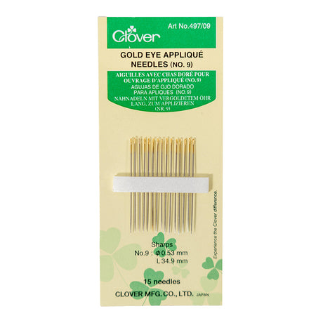 Clover Gold Eye Applique Needles - Size 9 - 15 ct