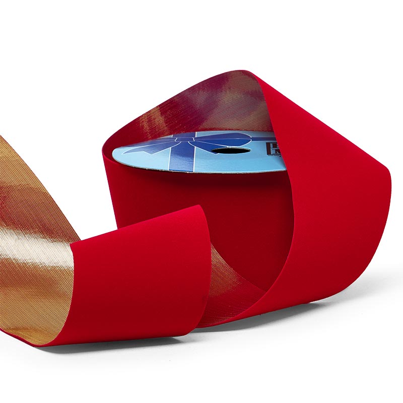 Red Velvet Flocked with Gold Backing Ribbon Red (2 1/2) Color 1 / ROLL