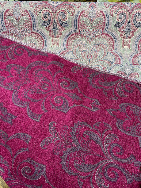 Robert Allen Shahmin Beet Chenille Fabric - Damask, Purple Lavender Beige With Hints Of Blue, 57" Width (1 Yard)