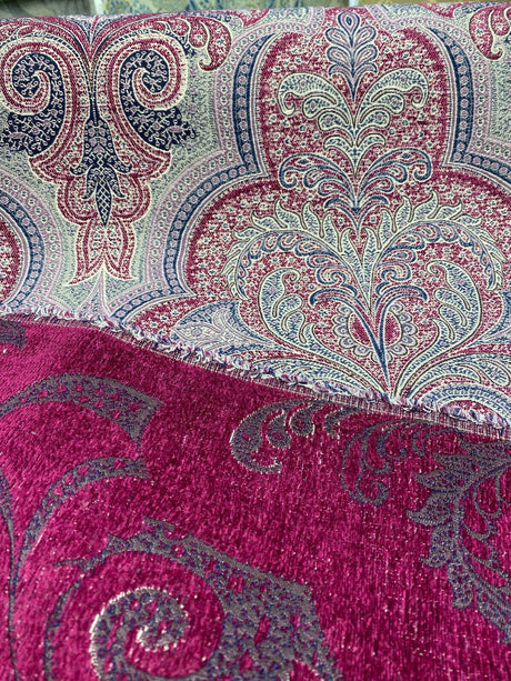 Robert Allen Shahmin Beet Chenille Fabric - Damask, Purple Lavender Beige With Hints Of Blue, 57" Width (1 Yard)