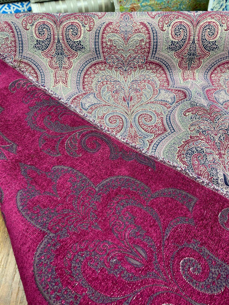 Robert Allen Shahmin Beet Chenille Fabric - Damask, Purple Lavender Beige With Hints Of Blue, 57" Width (1 Yard)