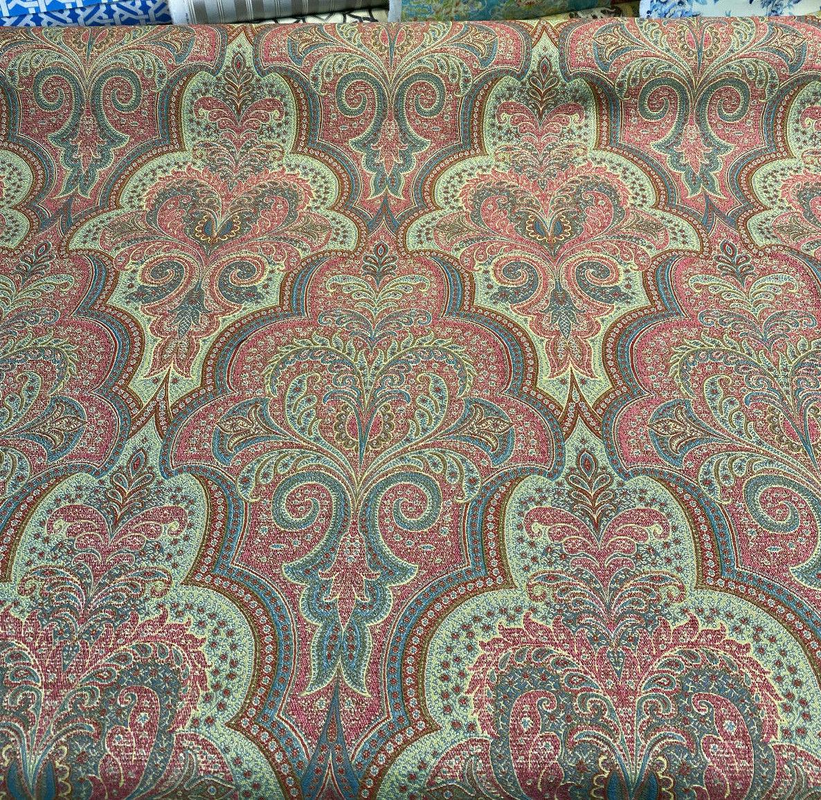 Robert Allen Shahmin Cassis Chenille Upholstery Fabric - Pink, Green Damask, 57" Width (1 Yard)
