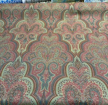 Robert Allen Shahmin Cassis Chenille Upholstery Fabric - Pink, Green Damask, 57" Width (1 Yard)